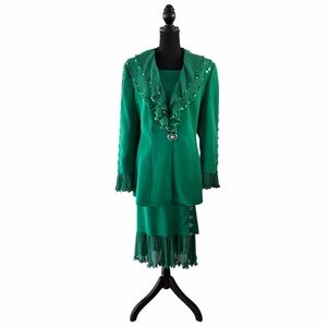 Louise Ricci Green 2pc Skirt Suit w/Rhinestone Ruffles Sequin and Beads, Size 18